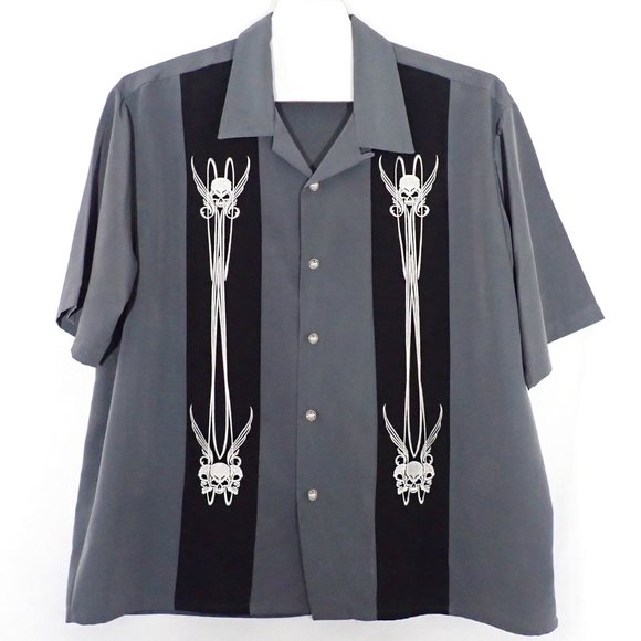 DRAGONFLY Men's 3XL SS Shirt/Grey/Skulls/Wings/Black stripes/button down. - Picture 1 of 9